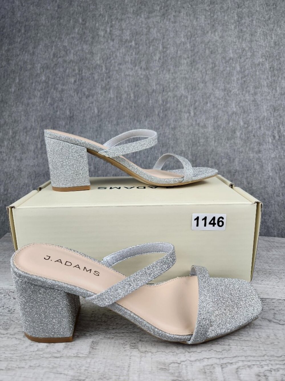 J. Adams Stormi Women 7.5 Fine Silver Glitter Sandals Block Heel NIB